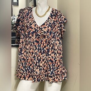 WD.NY Navy and Peach Printed Ruffle V-Neck Blouse